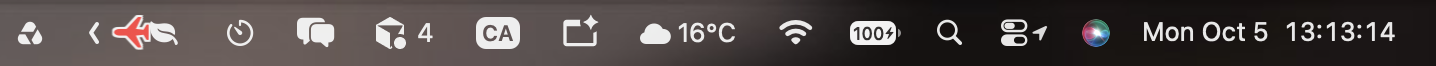 A red aircraft icon flying toward the clock on the right side of the menu bar.