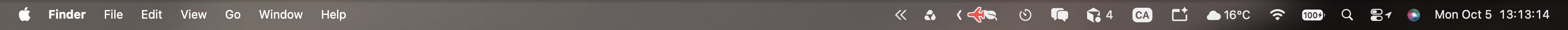 The macOS menu bar. The Apple logo is on the left, the clock is on the right, and a red aircraft icon is flying between them.