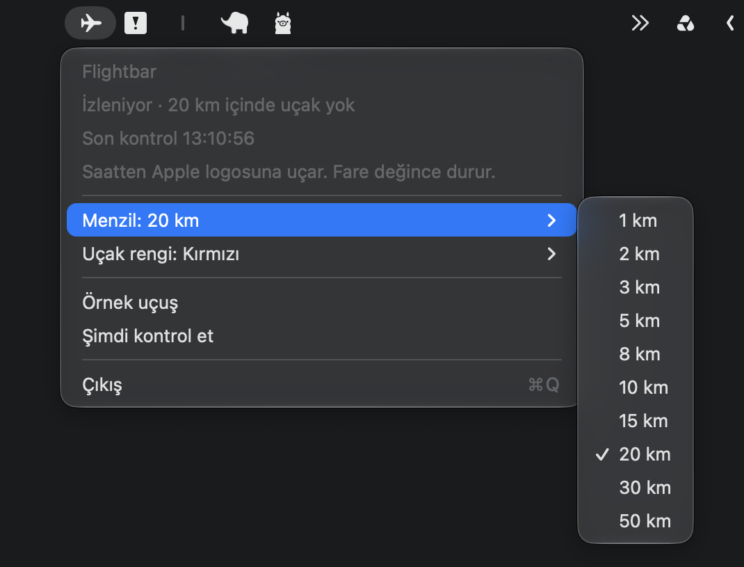 The Flightbar menu. Range is set to 20 km, with options from 1 to 50 km open. Aircraft color is Red. Sample flight, Check now, and Quit are visible.